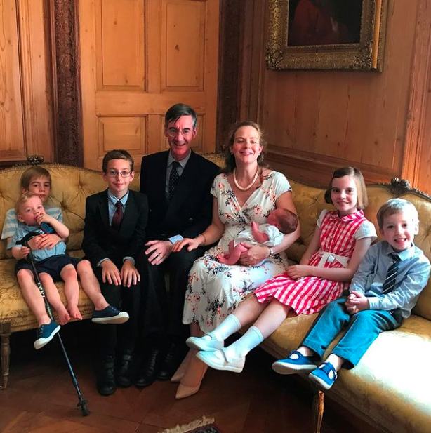 Jacob Rees-Mogg with his wife and six children following the birth of youngest Sixtus