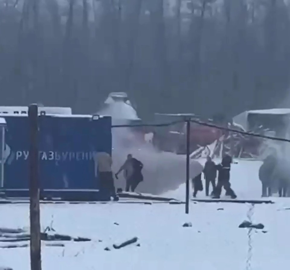 Panicked workers use fire extinguishers, flares, and a gas spray against the bear