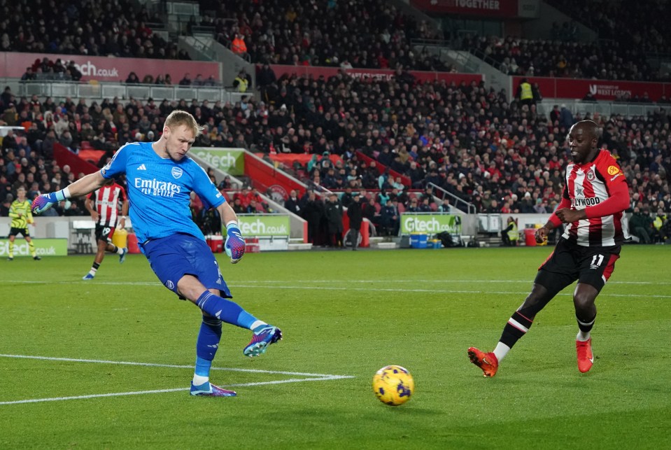 Aaron Ramsdale clears from Brentford’s Yoane Wissa on his return in goal for Arsenal but also made a blunder that could have proved costly