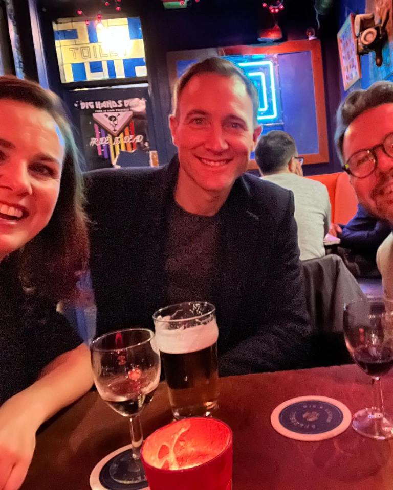 Nina Warhurst, John Watson and Jon Kay enjoyed drinks and a trip to the theatre