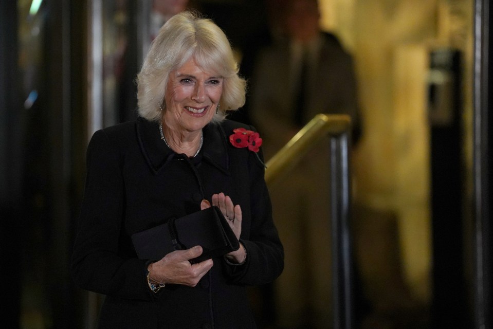 Queen Camilla as she stood by her husband's side at the unveiling