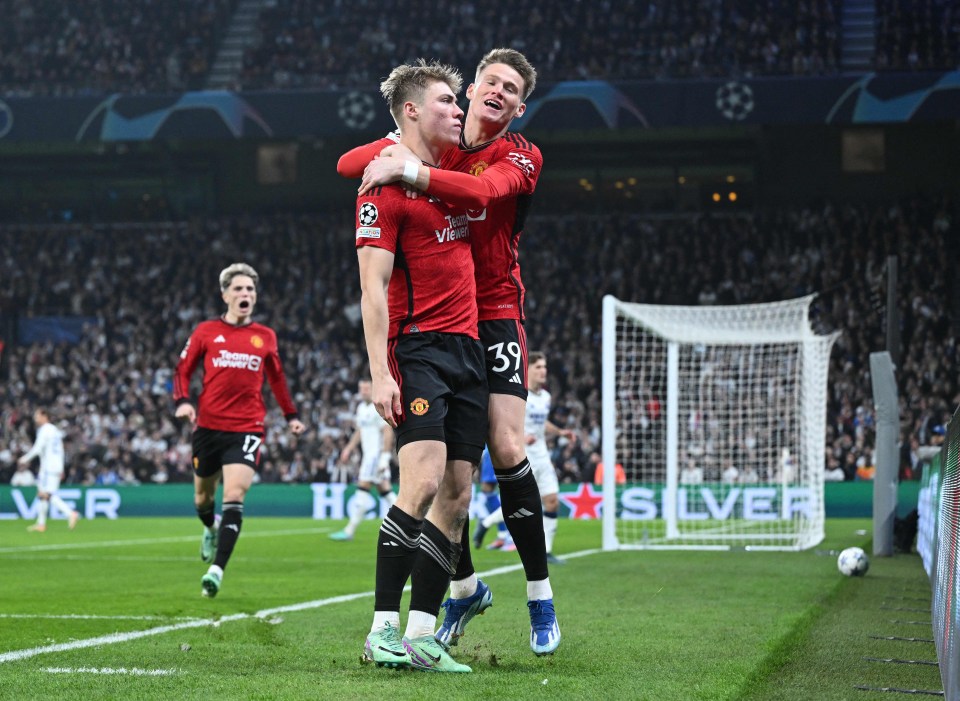 Rasmus Hojlund celebrates with Scott McTominay