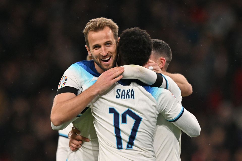 Kane celebrates his second-half strike with sub Bukayo Saka