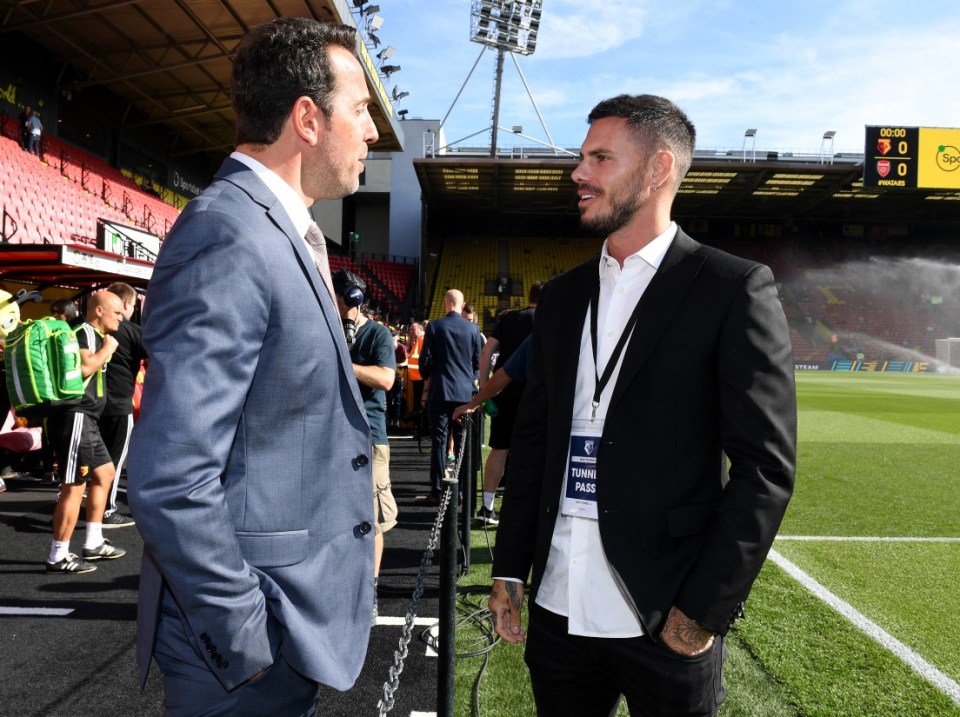 WATFORD, ENGLAND - SEPTEMBER 15: Arsenal Technical Director Edu with former Arsenal team mates Jeremie Aliadiere before the Premier League match between Watford FC and Arsenal FC at Vicarage Road on September 15, 2019 in Watford, United Kingdom. (Photo by David Price/Arsenal FC via Getty Images)