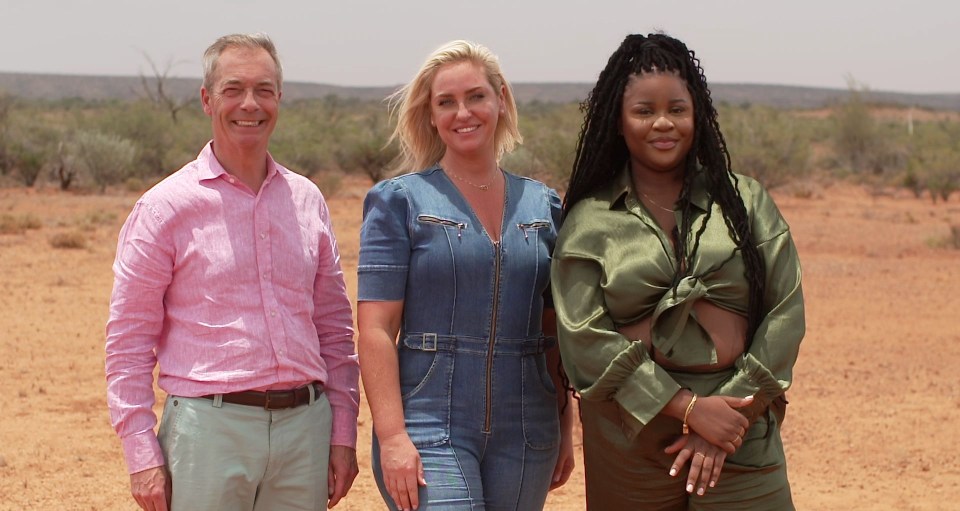 Josie Gibson with Nigel Farage and Nella Rose in the sizzling Australian outback