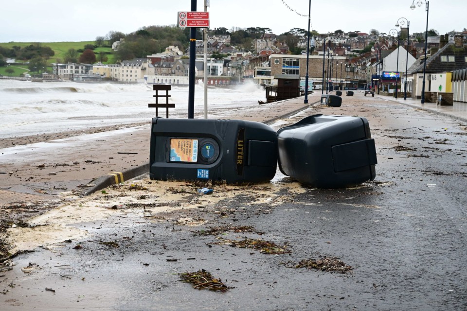 A toppled bin on the seafront in Swanage, Dorset