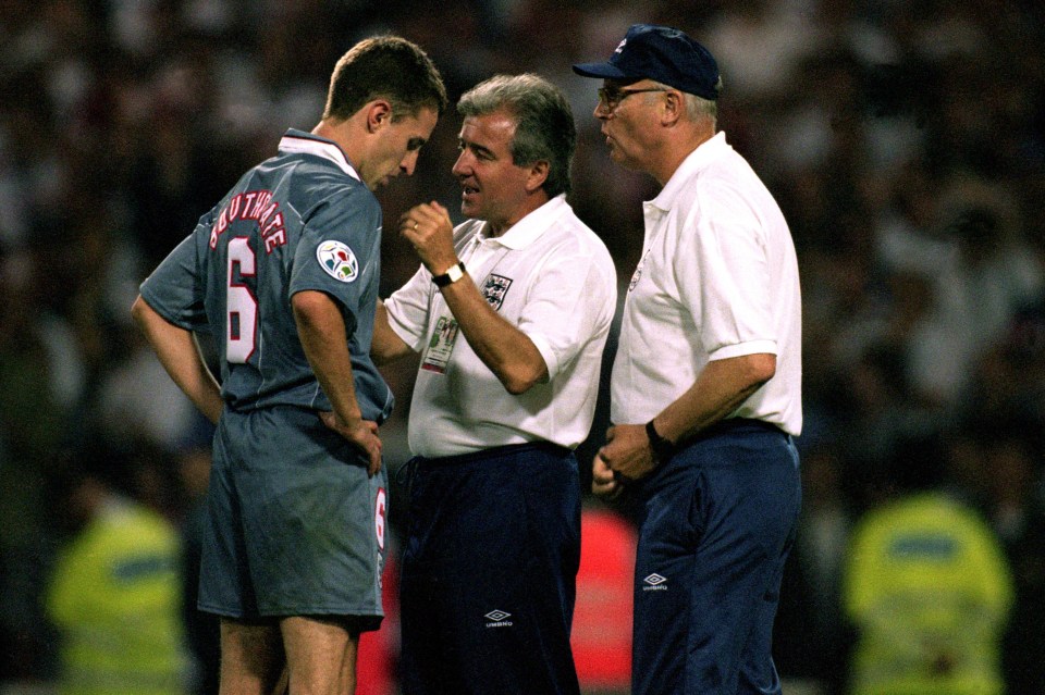 Terry Venables consoles Gareth Southgate after his penalty miss in the Euro ’96 semi-final