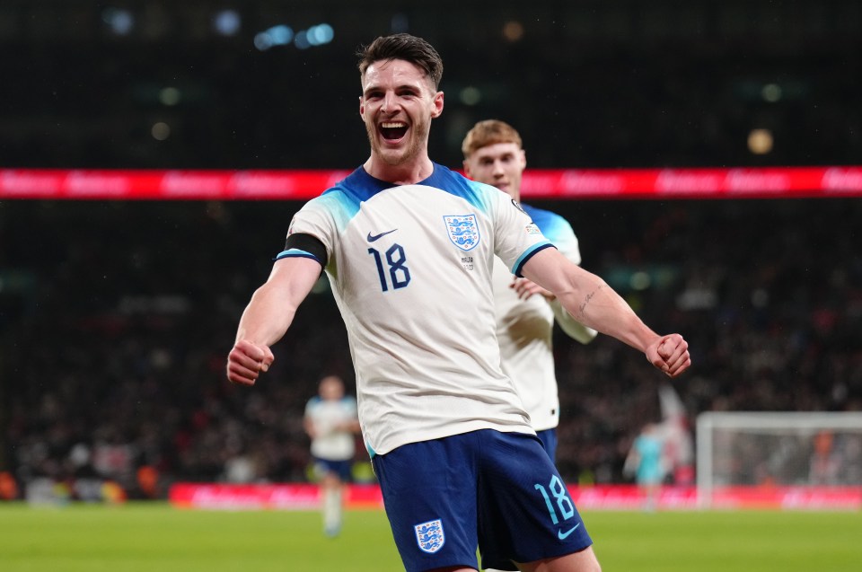 Declan Rice rejoices after netting England's third goal but VAR ruled it out