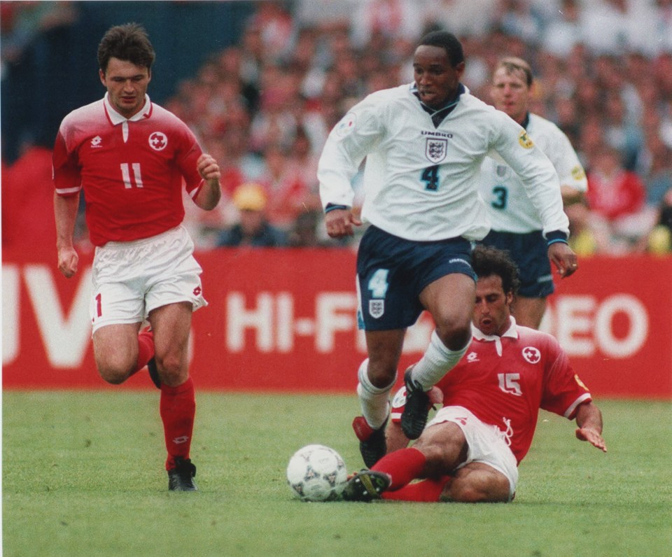 Paul Ince up against Switzerland in the group stages