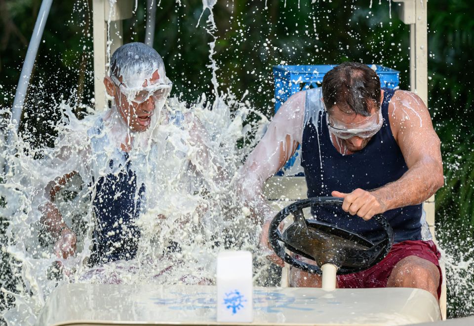 Frankie Dettori and Nick Pickard get covered in milk in a messy challenge