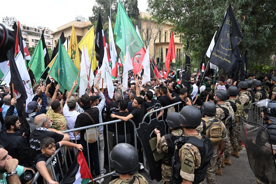 Protesters gathered outside the French Embassy building in Bierut, Lebanon