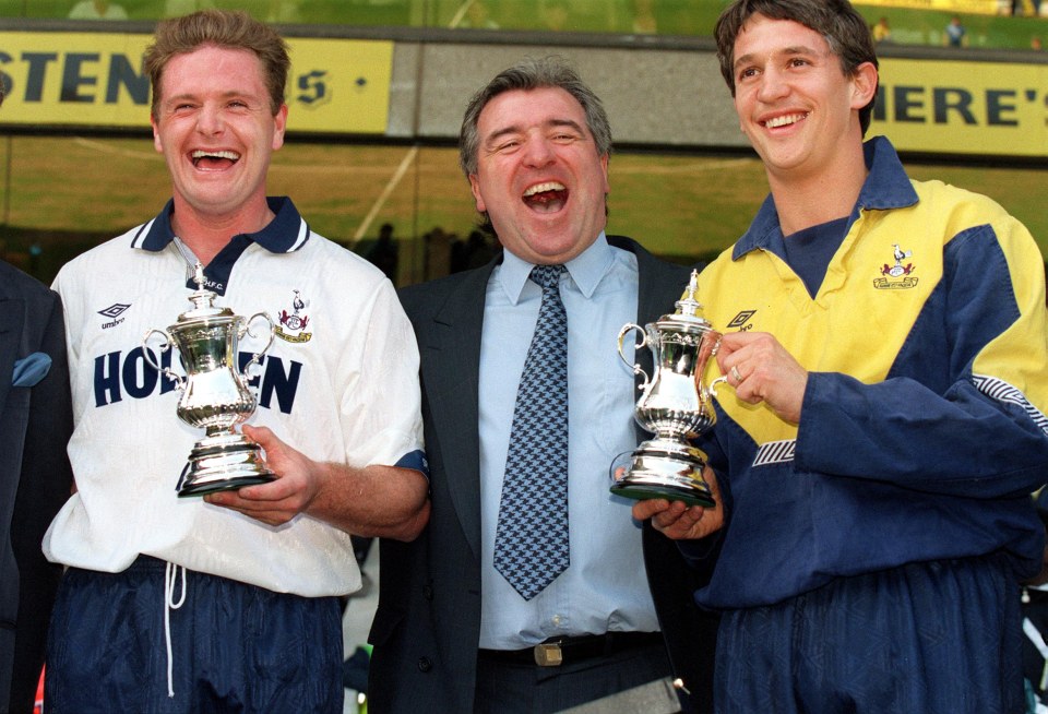 Spurs players Paul Gascoigne and Gary Lineker with Terry Venables in 1992