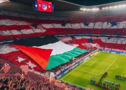 The fake AI generated image of a Palestine flag at an Atletico Madrid game