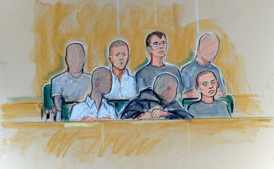 Nathan Quinn, Gary Kays, Melvyn Coy and Dean Kelly – front row – Sean Mercer, Kyle McCormick and James Yates at  Liverpool Crown Court