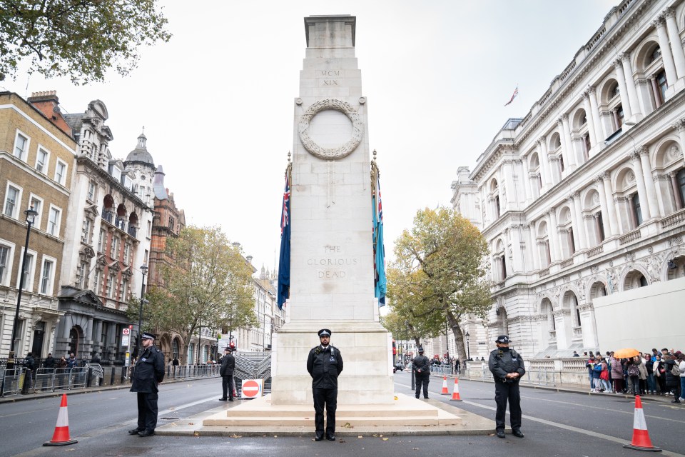 Police guard the Cenotaph in Whitehall, London