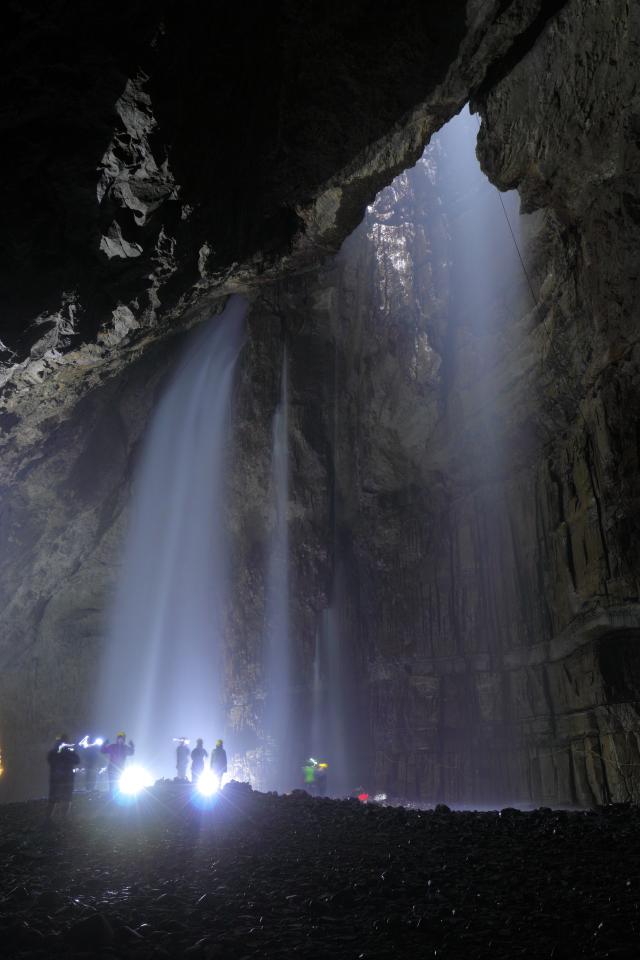 Caving clubs use floodlights to light up the inside of the cavern