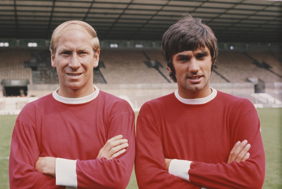 Sir Bobby (left) will be commemorated alongside former teammates Denis Law and George Best (right) in the "United Trinity" statue