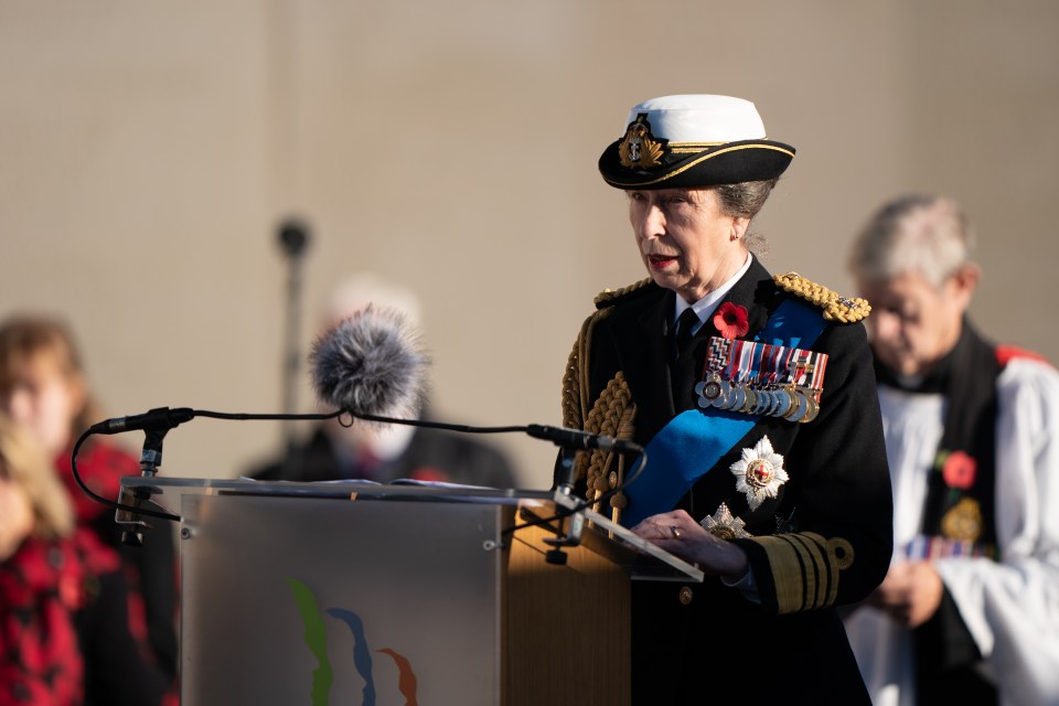 Princess Anne leading a Service of Remembrance on top of the Armed Forces Memorial at the National Memorial Arboretum