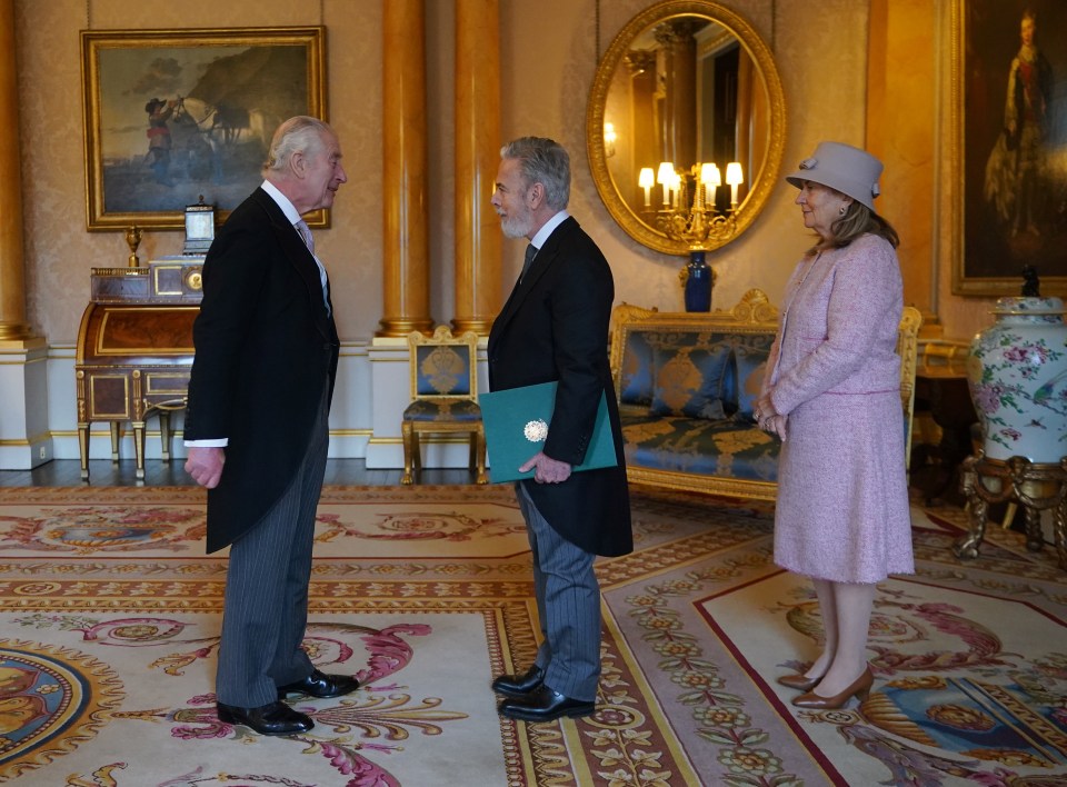 King Charles with Antonio de Aguiar Patriota, the Ambassador of Brazil, and his wife Tania Cooper Patriota, during an audience at Buckingham Palace in London