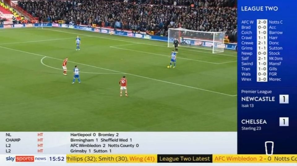 The broadcast showed a brief live clip of Nottingham Forest vs Brighton