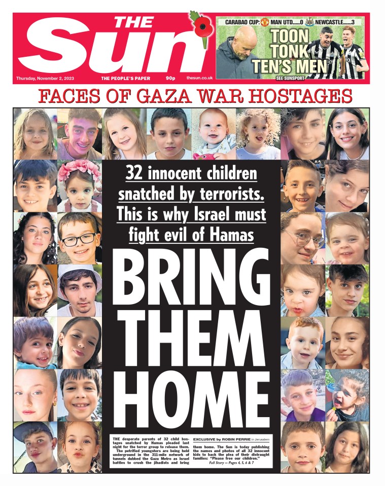 The Sun's front page that struck a chord around the world, appealing for the innocent children being held by Hamas to be freed