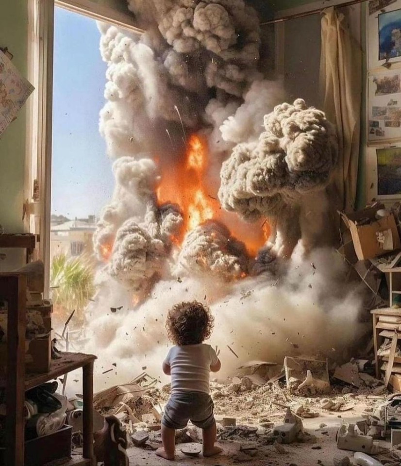 Another manipulated image shows a toddler standing in rubble after an airstrike