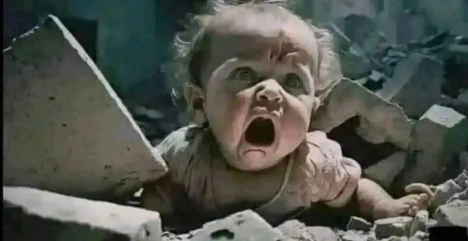 An AI generated image depicts a baby trapped in rubble in Gaza