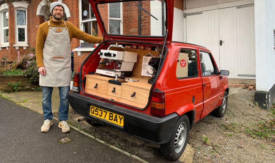 Brendan Cull and his red Fiat Panda boasts a coffee machine, generator and storeroom