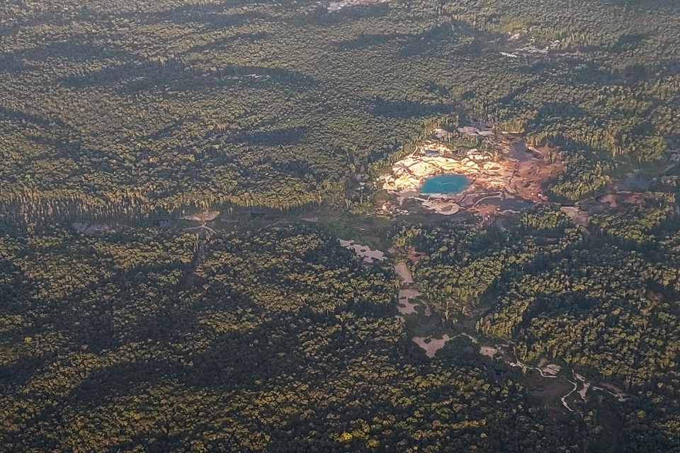 Aerial view of a mining site in a section of the Amazon rainforest in western Guyana