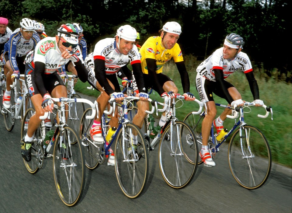 Laurence Roche, right, with brother Stephen, centre-left, and Irish legend Sean Kelly, centre-right