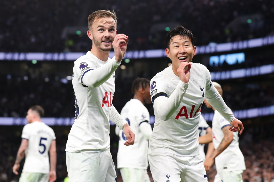 James Maddison of Tottenham Hotspur has become known for his goal celebration, pictured here with teammate Son Heung-Min