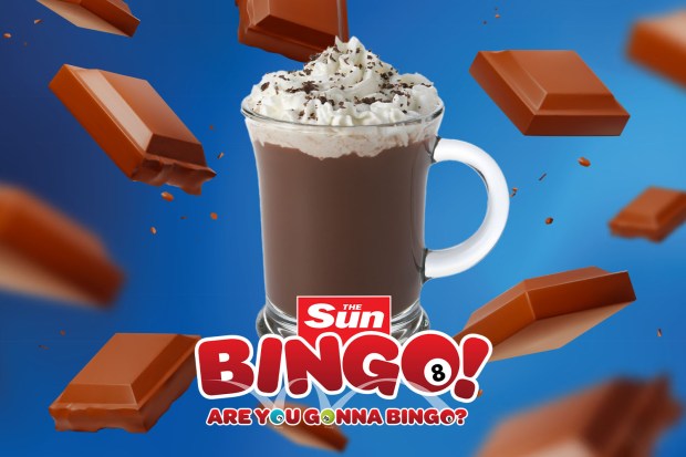 Hot chocolate with whipped cream and chocolate pieces falling around it; The Sun Bingo! logo is at the bottom.