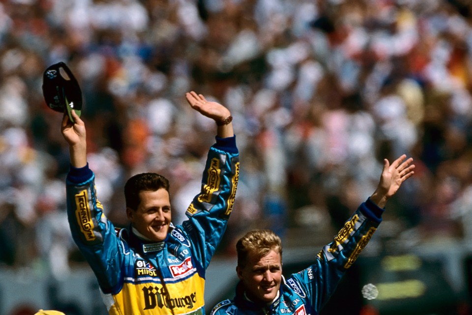 Michael Schumacher with Johnny Herbert, former F1 driver and teammate, 1995