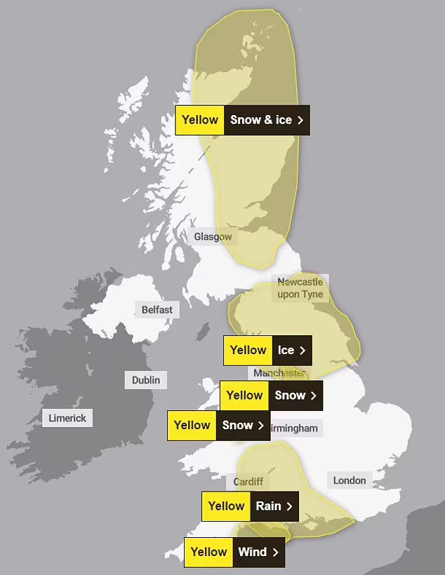 A Met Office map of the yellow weather warnings