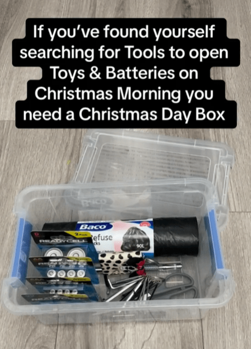 Put all the essentials in a box ready for Christmas Day - including batteries and bin bags