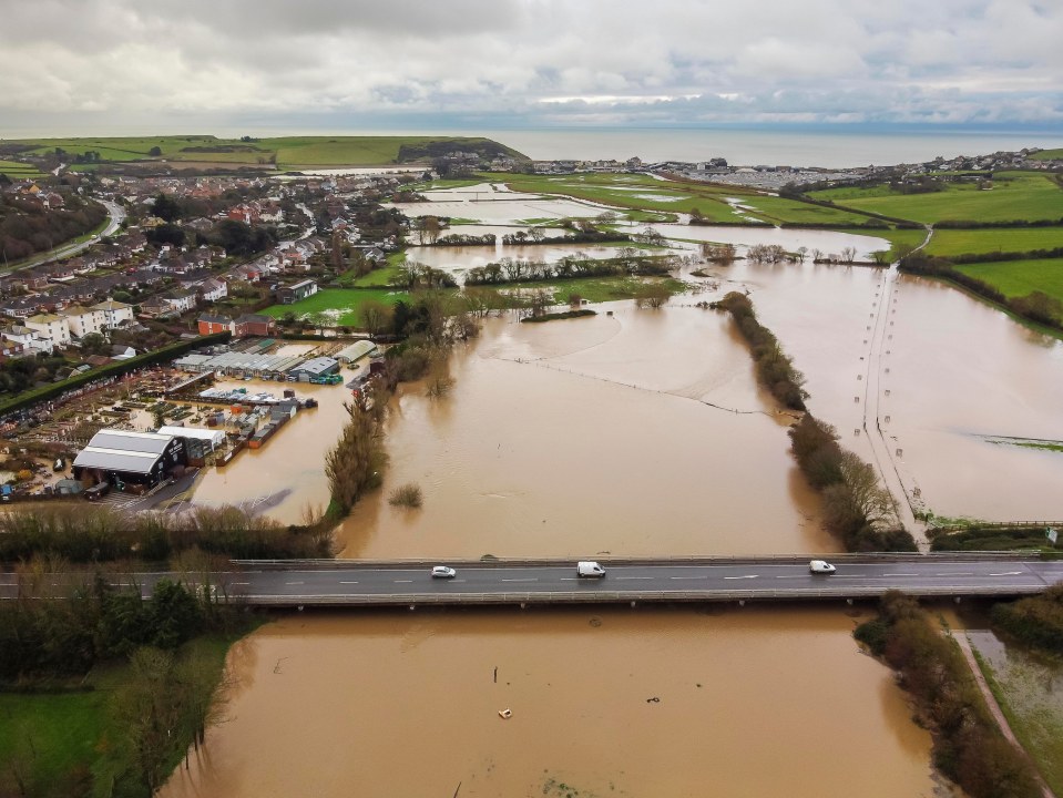 An aerial view of flooded fields in Bridport, Dorset