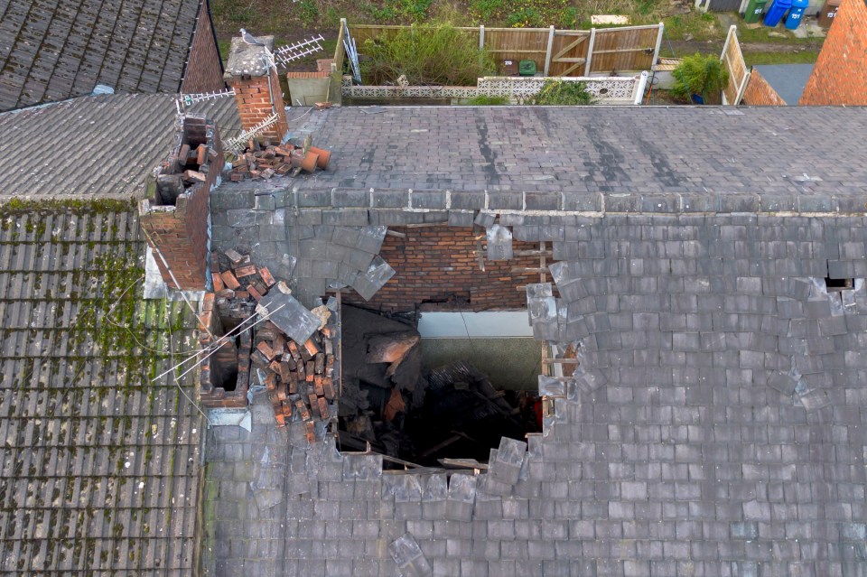 A damaged roof on a house on Cranworth Street following a localised tornado on December 29 in Stalybridge, England