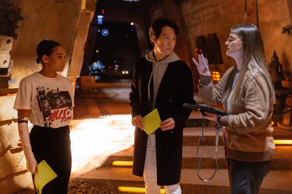 (L-R): Amandla Stenberg, Lee Jung-jae and Director Leslye Headland on the set of Star Wars: The Acolyte