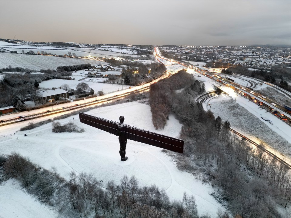 Snow around the Angel of the North in Gateshead earlier this month