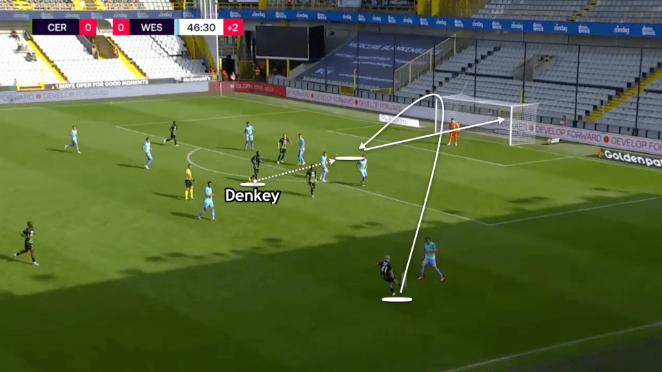 Denkey comes alive when the ball is crossed into the area and attacks the space before netting with his head