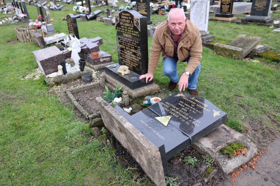 The headstone of Derek Armstrong’s triplet sons was also removed