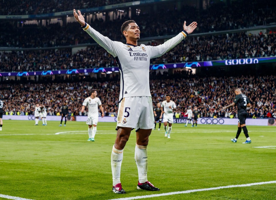 Mandatory Credit: Photo by DAX Images/NurPhoto/Shutterstock (14237438de) Jude Bellingham of Real Madrid CF is celebrating his goal during the UEFA Champions League match between Real Madrid and SSC Napoli in Madrid, Spain, on November 29, 2023. Real Madrid V SSC Napoli - UEFA Champions League, Spain - 29 Nov 2023