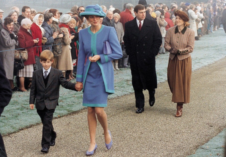 Prince Harry, Princess Diana, Prince Andrew and Sarah Ferguson walking to church in 1991