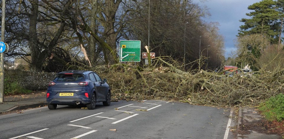 This road in Cirencester, Gloucestershire was blocked by a fallen tree