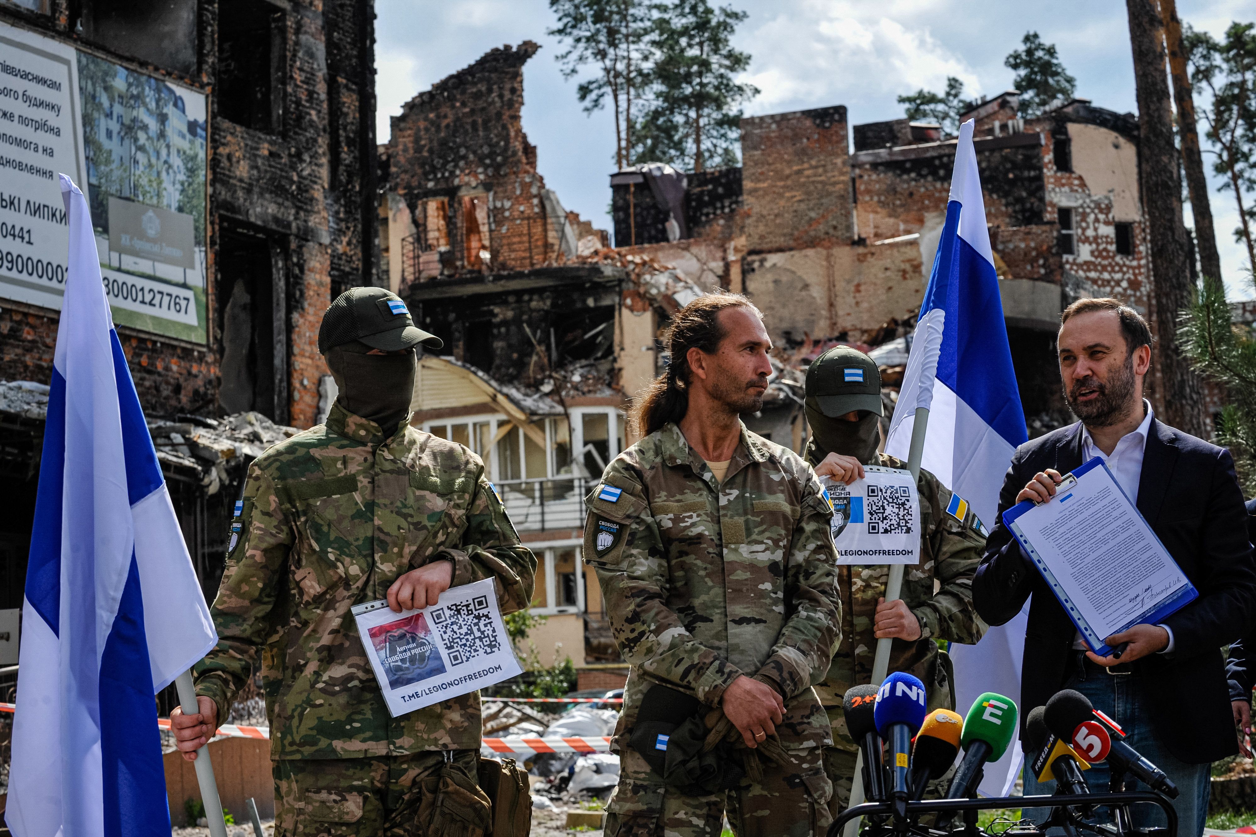 Ponomarev alongside his Freedom of Russia Legion commanders who have been fighting for Ukraine and attacking Russian borderlands