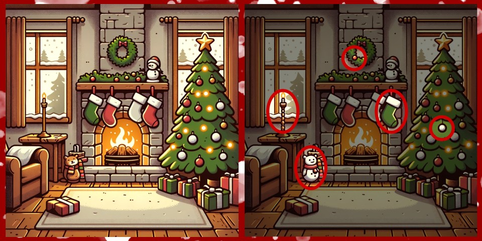 DECK THE HALLS Everyone can spot the Christmas trees - but can you see 5 differences in these two festive scenes in under 10 seconds? ..DECK THE HALLS Can you spot 5 differences in these two festive scenes in under 10 seconds?