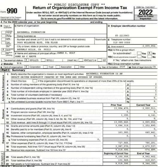 Income tax returns show how the pair's charity recorded a loss in 2022