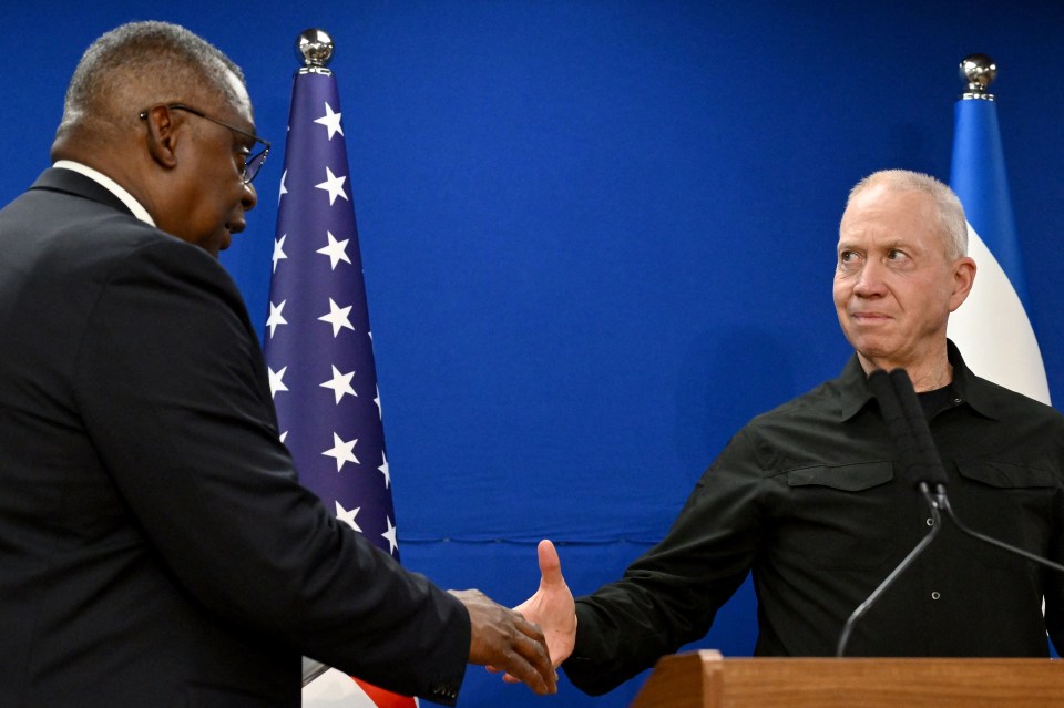 US Defence Secretary Lloyd Austin greets Israeli counterpart Yoav Gallant during his visit to discuss the country’s military operations in Gaza