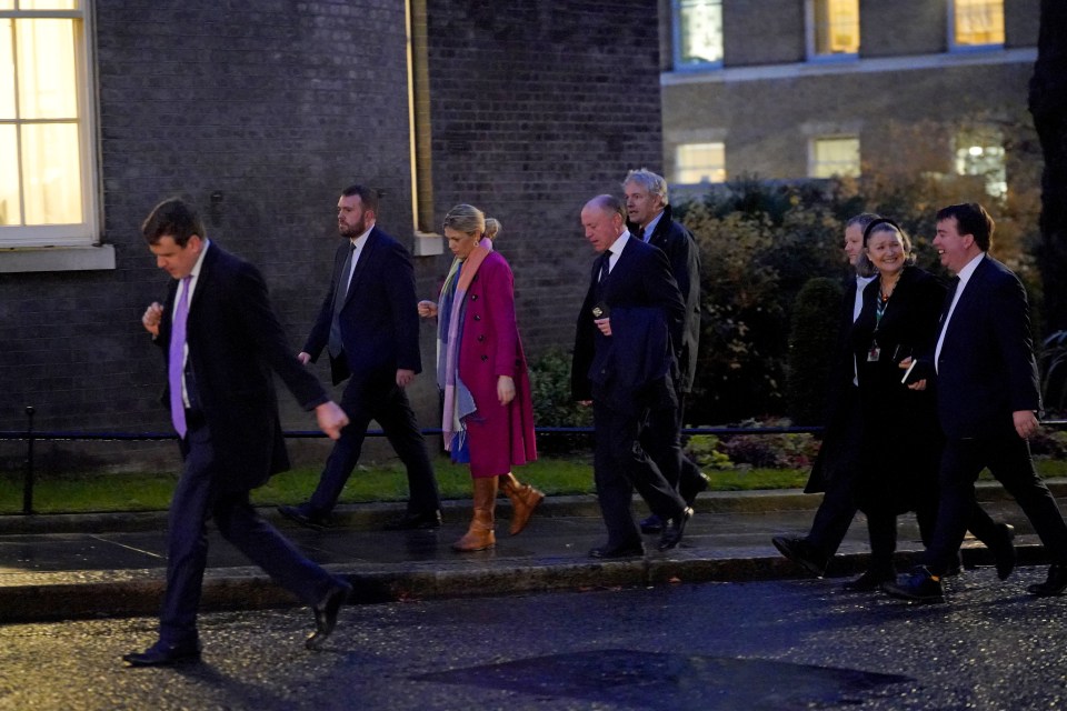 Conservative MPs (from left) Tom Hunt, Jonathan Gullis, Miriam Cates, Marco Longhi, Danny Kruger, Neil O’Brien and Jill Mortimer arrive in Downing Street for a breakfast meeting with Rishi Sunak ahead of the Rwanda Bill vote tonight