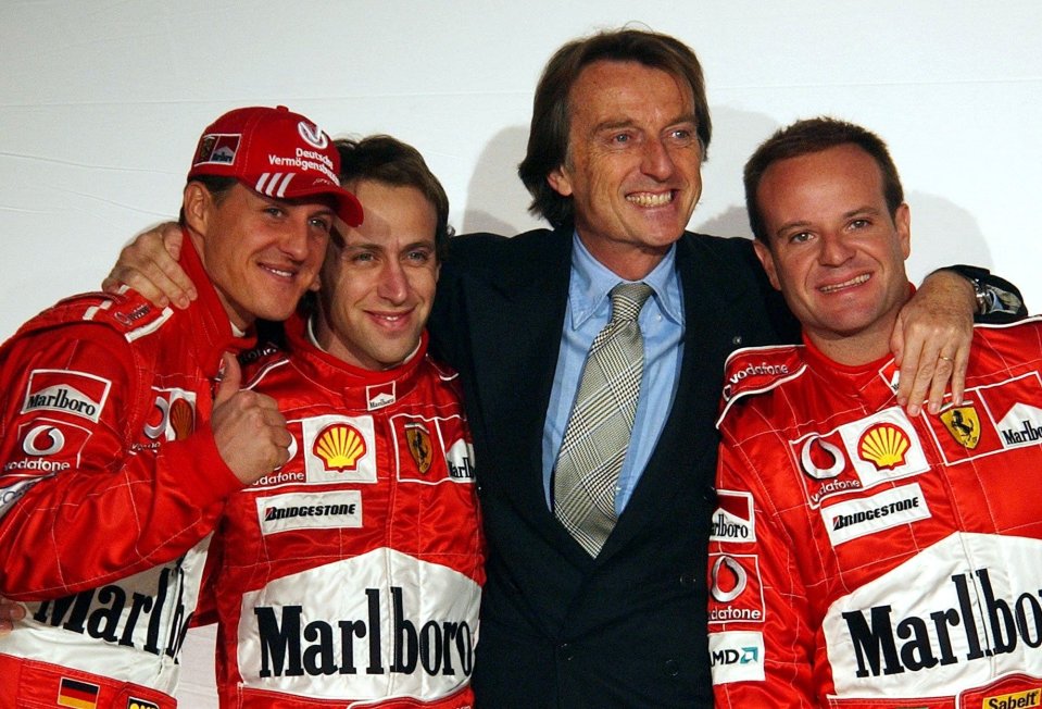 Luca Badoer (middle left) and Ruebens Barrichello (far right) were drivers for Ferrari with Michael (far left) but since the accident just Luca has been allowed to see him